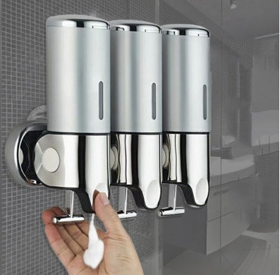 Stainless Steel Drill Free Triple Wall Mount Soap Dispenser Set Shower Bathroom Pump, Adhesive Reusable Luxury Organizer Declutter Spring