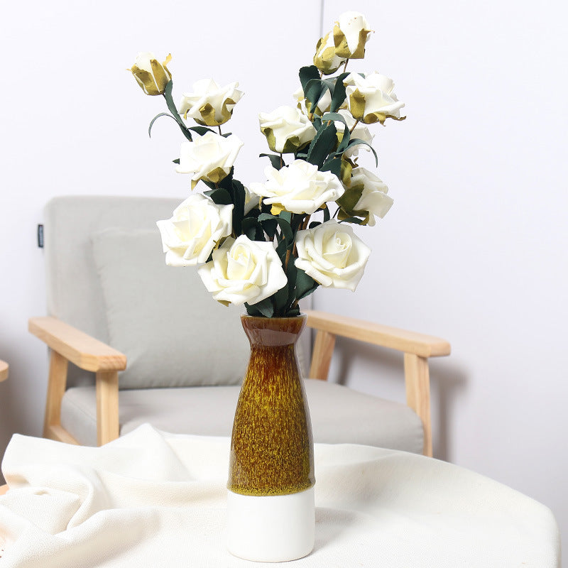 Flowers with Vase, Silk Roses Artificial Flowers in Vase, Faux Flower Arrangement with Vase Suitable for Home Office Decoration